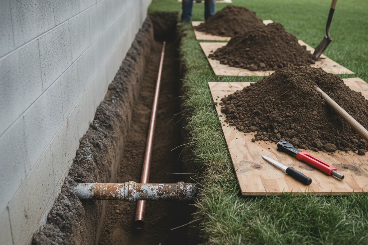 Excavated water line trench during Water Heater Repair in Aurora